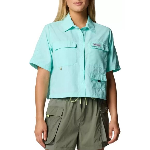 Columbia Tops - Columbia Women's PFG Open Water Short Sleeve Shirt Blue Snap Button Medium